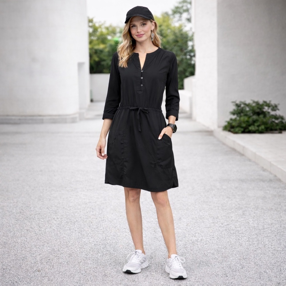 Patagonia 3/4 Sleeve Black Shift Cinch Waist Athletic Dress Size 8